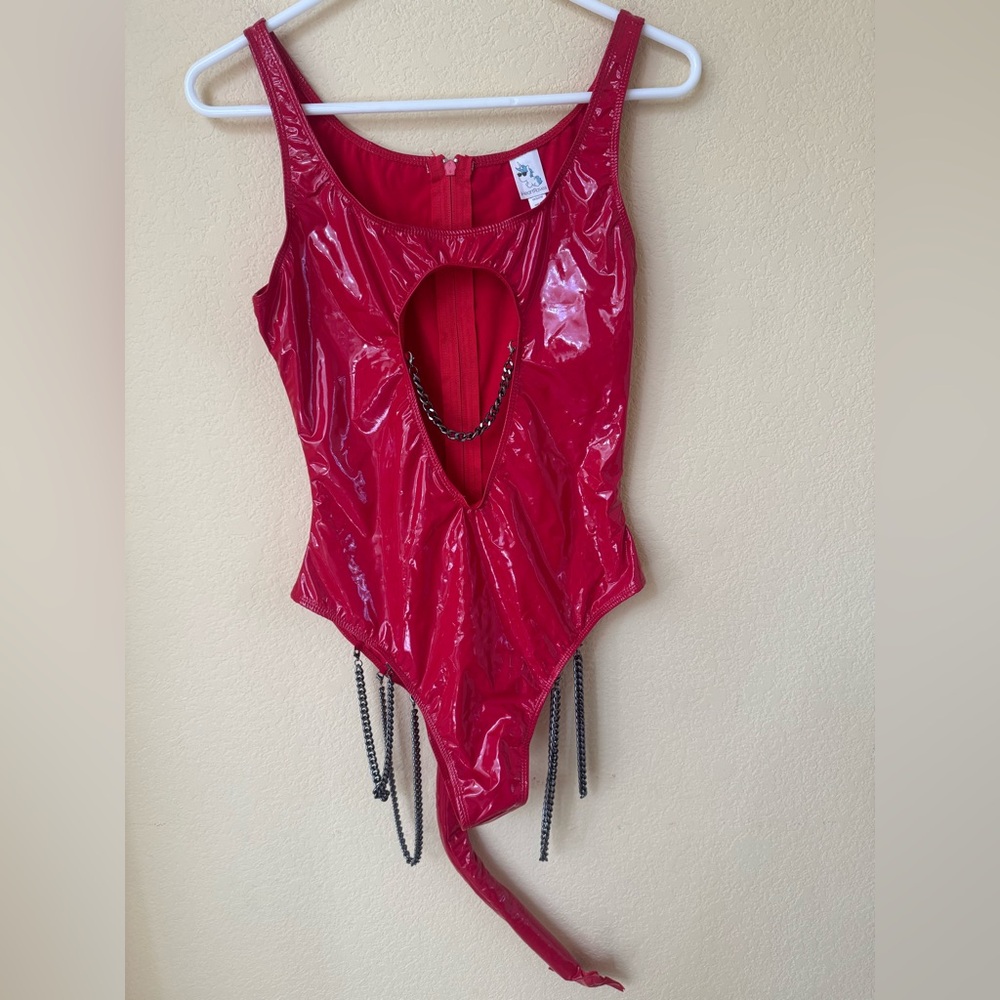 iHeartRaves Devil Faux Leather Red Bodysuit with Tail and Chains Size M/L